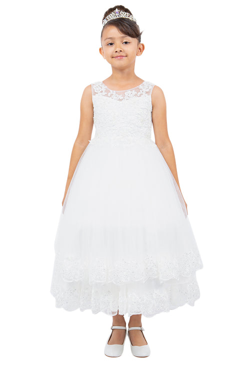 Girls Floral Embroidery Heart Bodice Bow Applique Flower Girl Dress 2-16